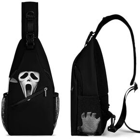 Mask Devil Ghost Black Sling Bag Backpack Crossbody for Women Men Lightweight Adjustable Extender Shoulder One Strap Backpack with Water Bottle Holder Casual Daypack for Hiking Travel