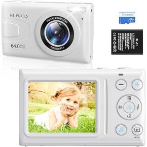 4K Compact Digital Camera for Kids: 64MP Autofocus Camera for Photography and Video with 18X Digital Zoom 32GB TF Card, Vintage Camera for Boys and Girls Students Gift (White)