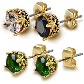 2 Pairs Gold Earrings Black White Earrings and Green Earrings Set Cubic Zirconia Stud Earrings