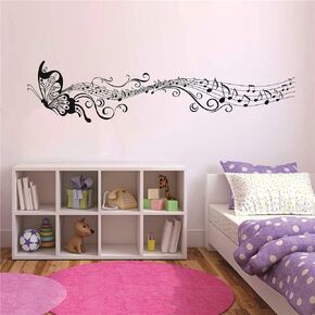Removable Large Flying Butterfly Notes Music Wall Decor Sticker Kids Room Bedroom Butterflies Adhesive for Baby Nursery Room Vinyl Wall Mural TM-55 (BLACK)