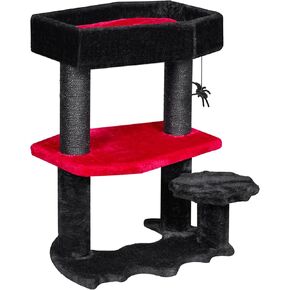 BEWISHOME Gothic Cat Tree with Coffin Cat Bed Goth Cat Tower Coffin Cat Tree with Scratching Post, Spider Hanging Ball Halloween Black Red Pet Furniture MMJ94R