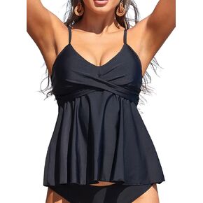 SHEKINI Women's Retro Tankini Swimsuits Modest Flowy Twist Front Bathing Suit Top