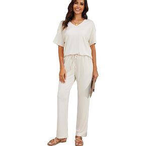 JiniGolla Women's Ribbed Knit Pajama Set 2 Piece Matching Pj Set Short Sleeve Top and Pants Lounge Set with Pockets