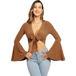 Verdusa Women's Long Bell Sleeve V Neck Tie Front Rib Knit Crop Top Blouse