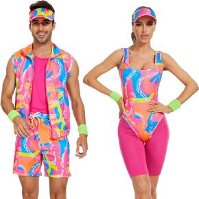4 Pieces 80s Workout Costume for Women and 5 Pieces 80s Workout Costume for men Halloween Cosplay Couples Outfits