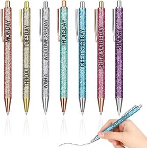 Sabary 7 Pcs Swear Word Daily Pen Set Metal Ballpoint 1 mm Black Ink Cuss Word Pens Weekday Vibes Comfortable Writing Ballpoint Days of the Week for Adults Each Day of the Week(Glitter)