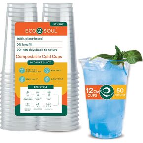 ECO SOUL 100% Clear Compostable Party Cups | (50 Count, 12 oz) | Disposable | Biodegradable | Plant Based Eco-friendly Alternative to Paper & Plastic Cups | BPI Certified | For Weddings & Gatherings