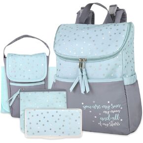 Baby Essentials Diaper Bag Backpack 5 Piece Set with Sun, Moon, and Stars, Wipes Pocket, Stroller Straps, Dirty Diaper Pouch, Changing Pad (Grey/Blue Backpack) in Kuwait