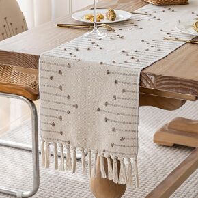 Boho Table Runner, Farmhouse Stripe Cotton Table Runners with Tassels for Home Dining Table Decor, Rustic Natural Woven Dresser Scarf (Beige&Taupe,13 x 90 Inch)