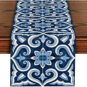Farmhouse Blue Tile Pattern Table Runner 13 x 71 Inches, Blue Tile Pattern Theme Cotton Linen Table Runner Decor for Kitchen Restaurant Dinner Table Holiday Party Decoration1