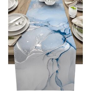 Marble Table Runner 70 Inches Long - Ombre Blue Marble Grey Farmhouse Modern Kitchen Dining Burlap & Cotton Tablerunner for Small/Round/Square/Wedding/Coffee/Dining Table Party Home Décor