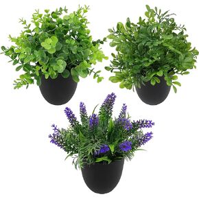 3 Pack Artificial Plant Greenery Pot (10"H 9"W Potted Greenery- Fake Faux Lavender Eucalyptus Boxwood) for Home Decoration Shop Decor Office Desk Dining Table Kitchen Washroom Party Wedding