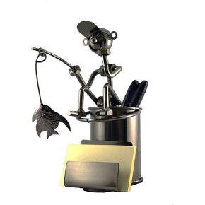 Handmade Metal Fisherman Fishing Business Card and Pen Holder