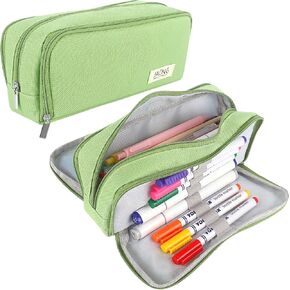 Large Pencil Case Big Capacity Zippered Pencil Pouch with 3 Compartments Portable Desk Organizer Pen Holder Multi-functional Cosmetic Makeup Pouch for Home School Office Supplies Light Green
