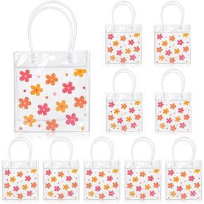 JarThenaAMCS Boho Floral Clear Gift Bags Groovy Flower PVC Party Favor Bags with Handles Cute Bobo Daisy Decorative Treat Bags for Wedding Birthday Baby Shower Party Supplies, 12Pcs
