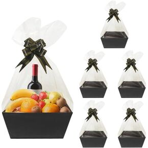 Worown 6 Pack Blue Cardboard Basket for Gifts Empty, Kraft Basket Kit with bags and Pull Bows for Packing Gift on Easter, Christmas, Birthday, Wedding