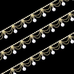 GLOBLELAND 1 Yard Pearl Tassel Rhinestone Fringe Trim Rhinestone Pearl Tassel Chain Diamond Crystal Tassel Fringe Trim for Sewing Crafts Wedding Dress Clothing Accessories DIY Decoration Golden