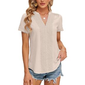Blooming Jelly Womens Dressy Casual Blouses V Neck Short Sleeve Lace Tops Business Loose Fit Summer Fashion 2023 Ladies Shirt