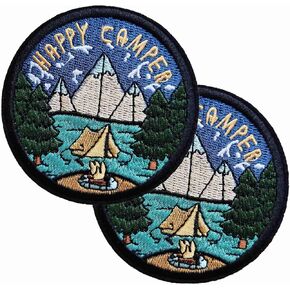 2Pieces Wanderlust Happy Camper Camp in Night Iron On Sew on Patch, Embroidered Patch Emblem Badge for Backpacks,Jeans,Jacket
