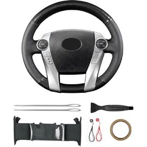 Hand-Stitch Steering Wheel Cover with Microfiber Leather & Carbon Fiber Leather Fit for Toyota Prius V 2012 2015/Prius C 2012 2015 2017/Prius 2010 2012/Prius Plus Prius Plug-in Hybrid 2013
