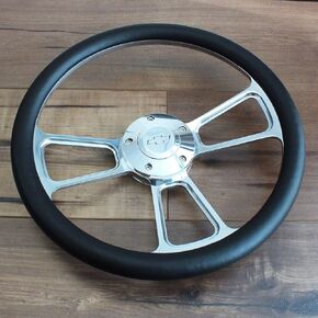 14" Inch Polished Steering Wheel Chevy Horn, 5 Hole compatible with Chevrolet Black Muscle Car"
