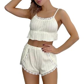 Women Ruffle Pajama Set Cute Sleepwear Lace Trim Cami Top with Pj Shorts 2 Piece Nightwear