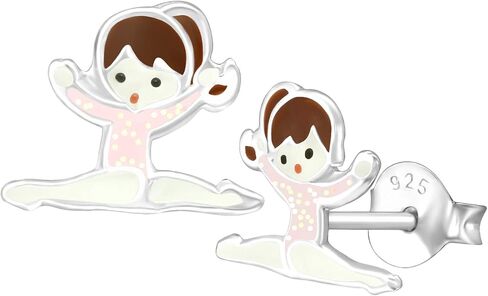 925 Sterling Silver 10mm Pink Gymnastics Girl Jumping in the Air Studs Earrings Push Back in Saudi Arabia
