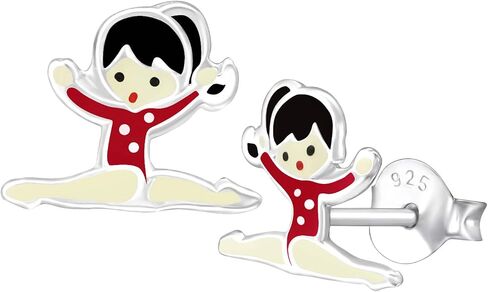 925 Sterling Silver 10mm Pink Gymnastics Girl Jumping in the Air Studs Earrings Push Back in Saudi Arabia