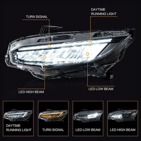 VLAND Headlights Assembly Compatible with 10TH Gen Honda Civic Sedan/Coupe/Hatchback/Type R 2016-2021 W/Dynamic Start-up DRL, LED Front light with Sequential Turn Signal, Plug-n-Play in Saudi Arabia