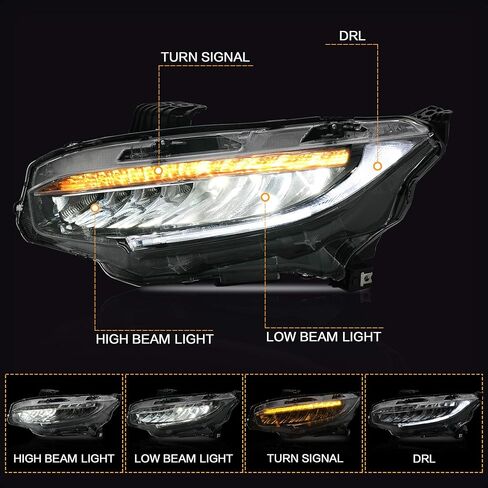 مجموعة المصابيح الأمامية VLAND متوافقة مع الجيل العاشر من Honda Civic Sedan/Coupe/Hatchback/Type R 2016-2021 W/DRL الديناميكي لبدء التشغيل DRL، ضوء أمامي LED مع إشارة انعطاف تسلسلية، Plug-n-Play in Kuwait