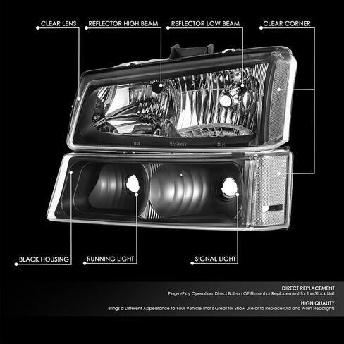 DNA MOTORING Pair OE Style Headlights Compatible with 03-06 Chevy Silverado 1500 2500 3500 1500HD 2500HD, Black/Amber, HL-OH-CSIL03-4P-BK-AM-B in Saudi Arabia