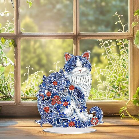 Nivvey DIY Diamond Art Desk Painting Kit Cat Ornament, Stand Up Animal Gem Painting Table Kit for Adults, 6.6x7.5inch Acrylic Board Painting Kit by Box Package in Saudi Arabia