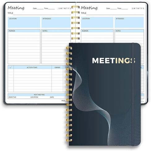 دفتر اجتماعات للعمل مع عناصر العمل، ملاحظات جدول أعمال الاجتماع B5، دفتر مخطط مشروع حلزوني، منظم جدول أعمال ملاحظات اجتماعات المكتب والعمل، 7 × 10 بوصة (أسود) in Kuwait