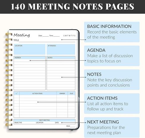 دفتر اجتماعات للعمل مع عناصر العمل، ملاحظات جدول أعمال الاجتماع B5، دفتر مخطط مشروع حلزوني، منظم جدول أعمال ملاحظات اجتماعات المكتب والعمل، 7 × 10 بوصة (أسود) in Kuwait