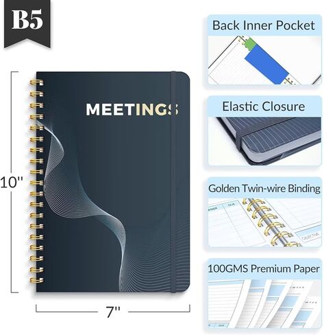 دفتر اجتماعات للعمل مع عناصر العمل، ملاحظات جدول أعمال الاجتماع B5، دفتر مخطط مشروع حلزوني، منظم جدول أعمال ملاحظات اجتماعات المكتب والعمل، 7 × 10 بوصة (أسود) in Kuwait