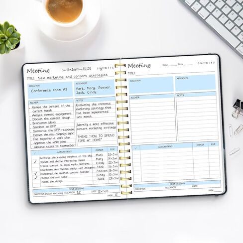 دفتر اجتماعات للعمل مع عناصر العمل، ملاحظات جدول أعمال الاجتماع B5، دفتر مخطط مشروع حلزوني، منظم جدول أعمال ملاحظات اجتماعات المكتب والعمل، 7 × 10 بوصة (أسود) in Kuwait