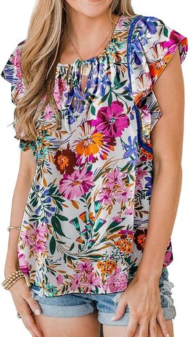 ZC&GF Women's Tops Casual Boho Floral Print V Neck Blouses Flannel Ruffle Sleeve Loose Shirts in Saudi Arabia