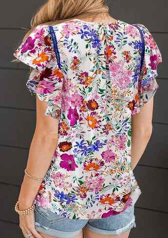 ZC&GF Women's Tops Casual Boho Floral Print V Neck Blouses Flannel Ruffle Sleeve Loose Shirts in Saudi Arabia