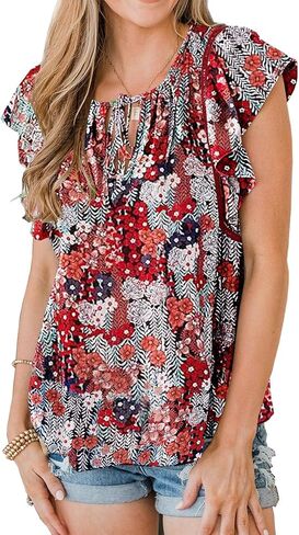 ZC&GF Women's Tops Casual Boho Floral Print V Neck Blouses Flannel Ruffle Sleeve Loose Shirts in Saudi Arabia