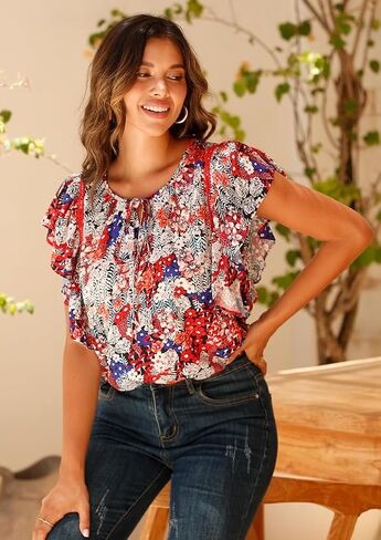 ZC&GF Women's Tops Casual Boho Floral Print V Neck Blouses Flannel Ruffle Sleeve Loose Shirts in Saudi Arabia