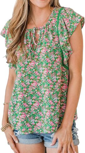 ZC&GF Women's Tops Casual Boho Floral Print V Neck Blouses Flannel Ruffle Sleeve Loose Shirts in Saudi Arabia