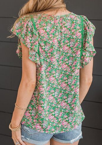 ZC&GF Women's Tops Casual Boho Floral Print V Neck Blouses Flannel Ruffle Sleeve Loose Shirts in Saudi Arabia