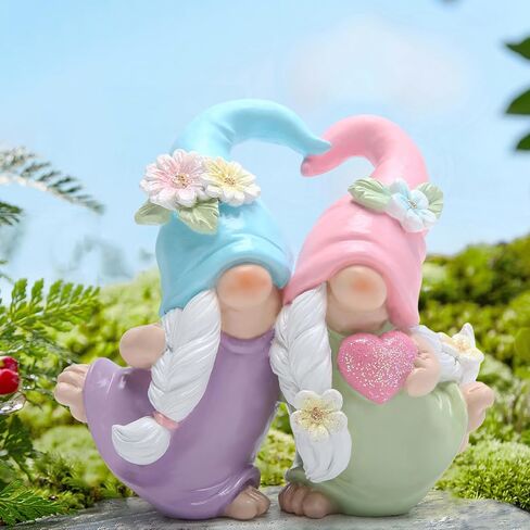 Hodao Heartwarming Resin Gnome Friendship Statue - Blue and Pink Hat, Floral Design, Lovely Dresses in Saudi Arabia