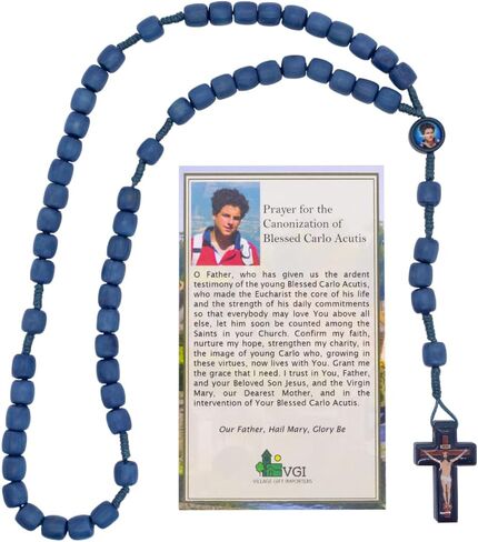 مسبحة كارلو أكوتيس المباركة | الخرز الخشبي الأزرق | مجموعة هدايا بطاقة الصلاة لتقديس الطوباوي كارلو | القديس الألفي الأول | راعي الإنترنت in Saudi Arabia