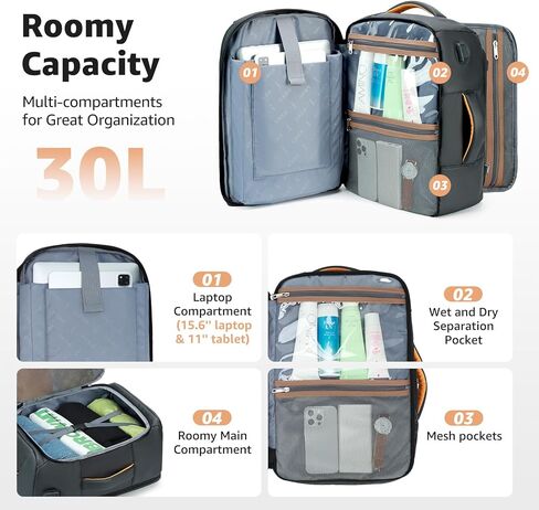 حقيبة ظهر للكمبيوتر المحمول للسفر - حقيبة ظهر للأعمال مقاس 15.6 بوصة معتمدة من الطيران مع منفذ شحن USB - حقيبة كمبيوتر مقاومة للماء سعة 30 لترًا حقيبة نهارية عادية للرجال والنساء - أسود in Kuwait