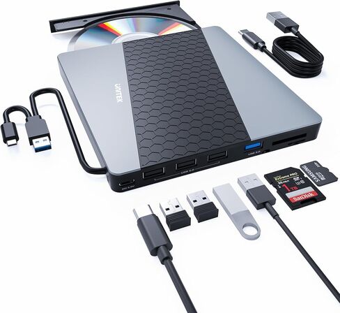 محرك أقراص DVD خارجي من Unitek، USB3.0/USB C 7 في 1 مشغل أقراص DVD محمول مع قارئ بطاقات USB Hub وقارئ أقراص CD ROM يدعم Windows11/10/8.1/8/7/vista/2003/XP/2000/Surface ، لينكس، ماك 10 أو إس in Saudi Arabia