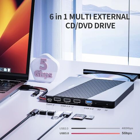 محرك أقراص DVD خارجي من Unitek، USB3.0/USB C 7 في 1 مشغل أقراص DVD محمول مع قارئ بطاقات USB Hub وقارئ أقراص CD ROM يدعم Windows11/10/8.1/8/7/vista/2003/XP/2000/Surface ، لينكس، ماك 10 أو إس in Saudi Arabia