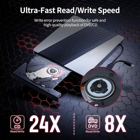 محرك أقراص DVD خارجي من Unitek، USB3.0/USB C 7 في 1 مشغل أقراص DVD محمول مع قارئ بطاقات USB Hub وقارئ أقراص CD ROM يدعم Windows11/10/8.1/8/7/vista/2003/XP/2000/Surface ، لينكس، ماك 10 أو إس in Saudi Arabia