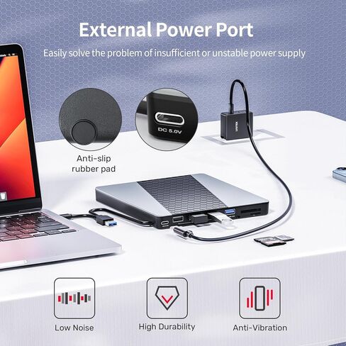 محرك أقراص DVD خارجي من Unitek، USB3.0/USB C 7 في 1 مشغل أقراص DVD محمول مع قارئ بطاقات USB Hub وقارئ أقراص CD ROM يدعم Windows11/10/8.1/8/7/vista/2003/XP/2000/Surface ، لينكس، ماك 10 أو إس in Saudi Arabia
