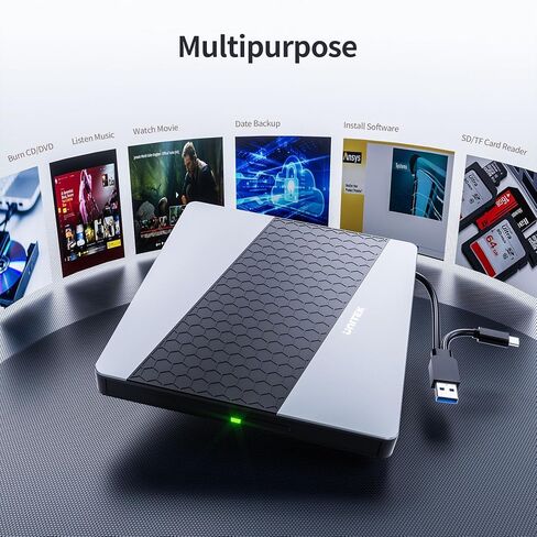 محرك أقراص DVD خارجي من Unitek، USB3.0/USB C 7 في 1 مشغل أقراص DVD محمول مع قارئ بطاقات USB Hub وقارئ أقراص CD ROM يدعم Windows11/10/8.1/8/7/vista/2003/XP/2000/Surface ، لينكس، ماك 10 أو إس in Saudi Arabia